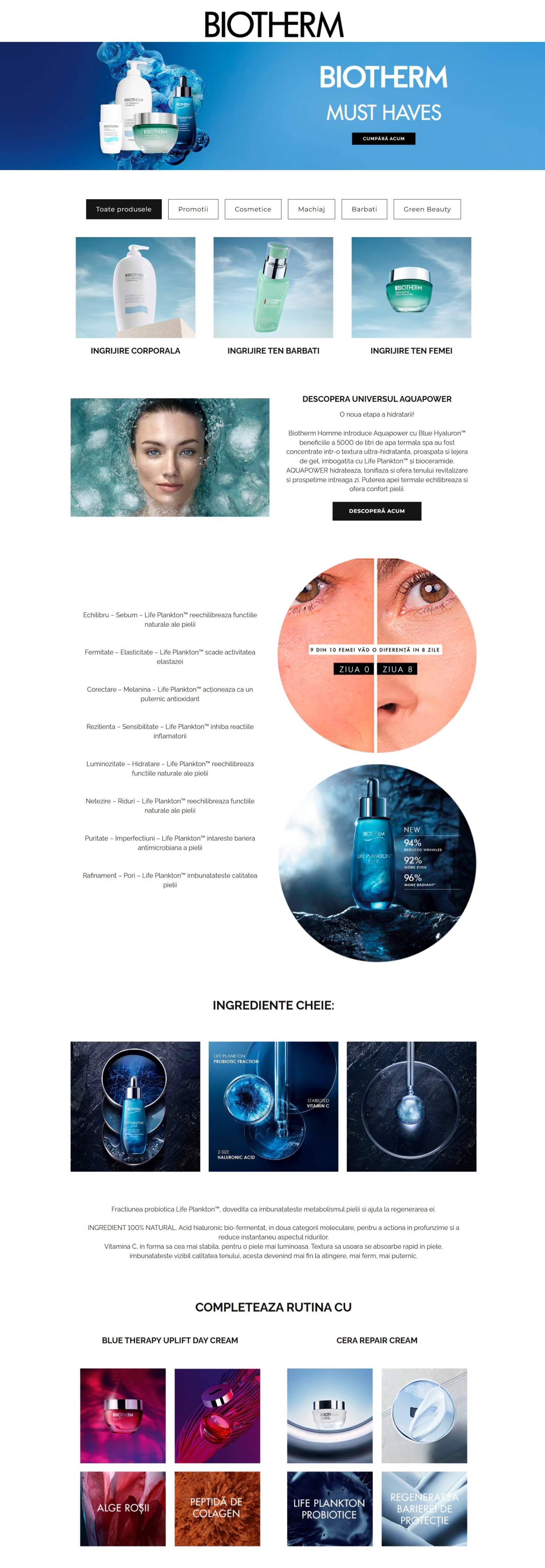 Biotherm brand page — full-length desktop layout