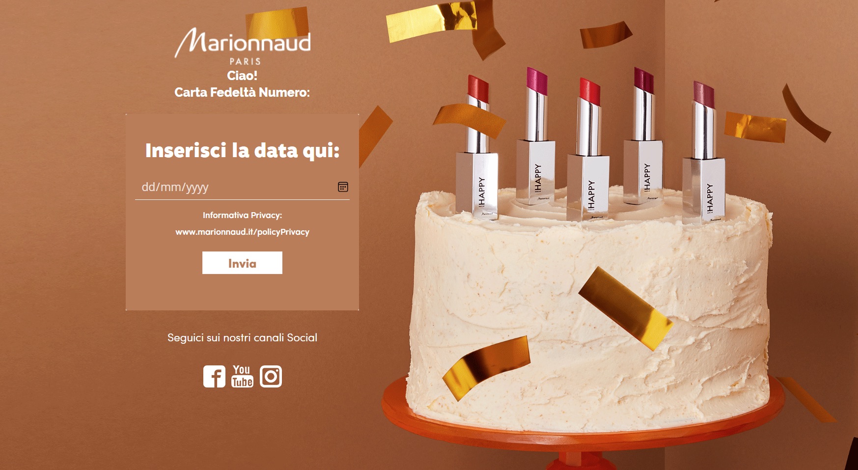 Marionnaud birthday date capture form, with lipsticks on a cake