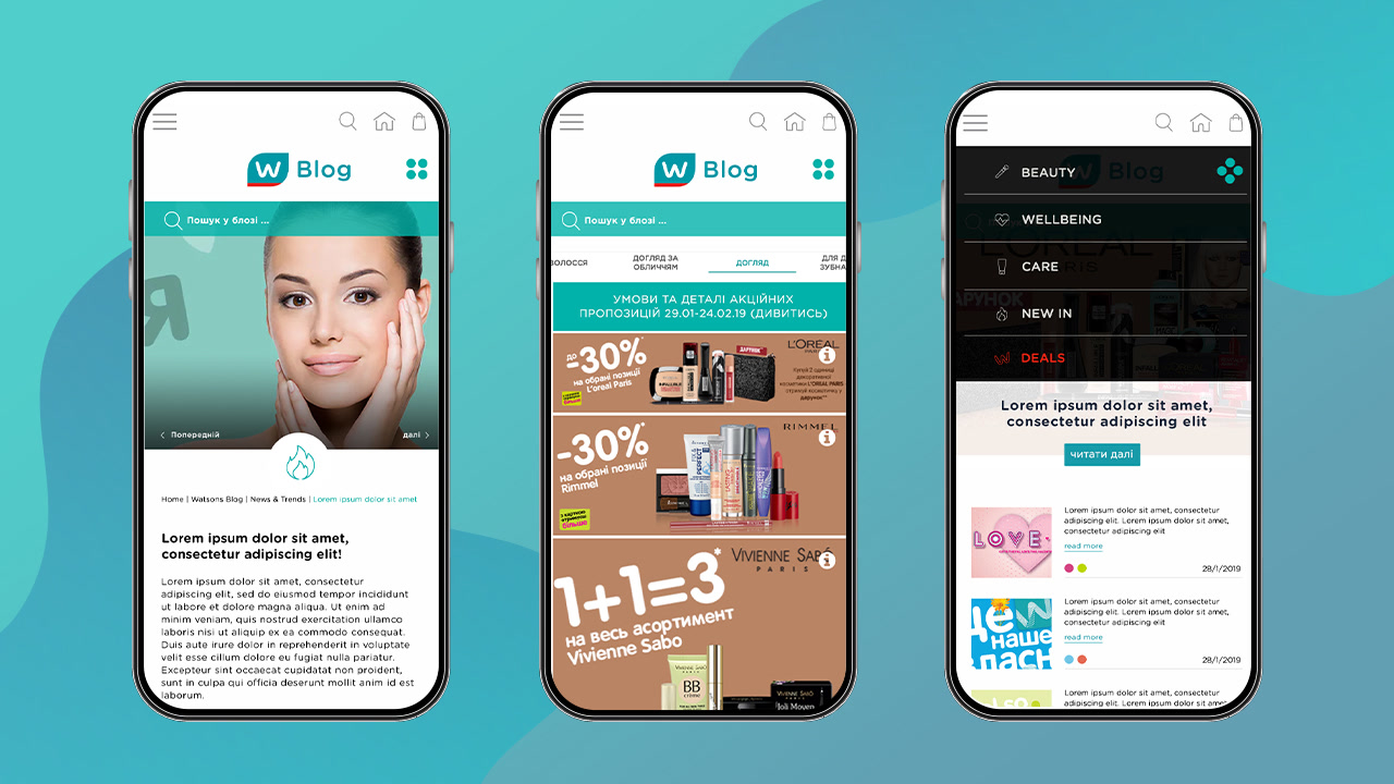 Three phone screens on teal showing a beauty blog article, promotions and a category menu