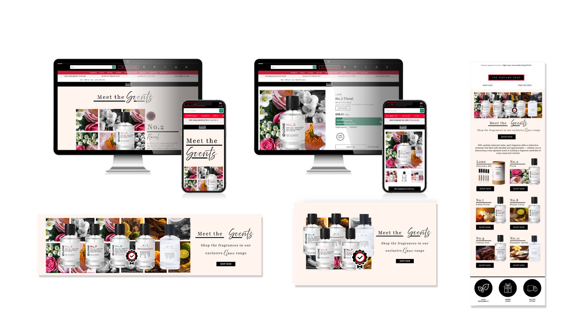 ©:LONE Meet the Scents rollout — desktop and mobile pages, social banners and the email