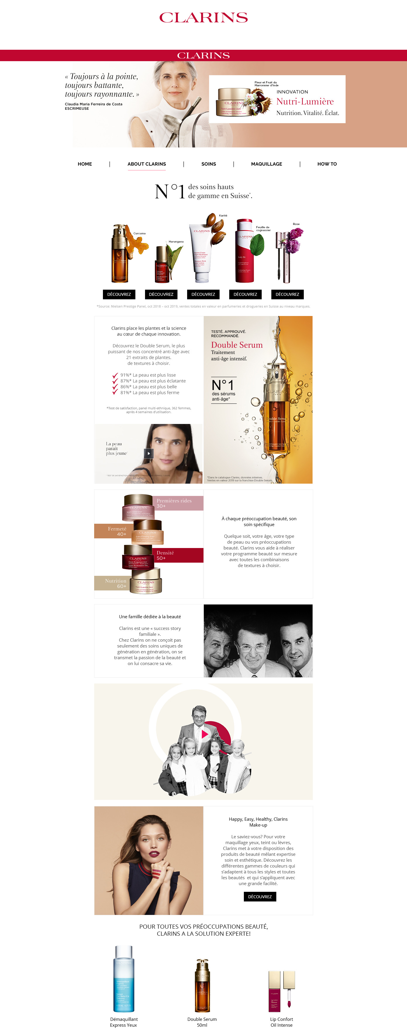 Clarins brand shop About page — full-length desktop layout