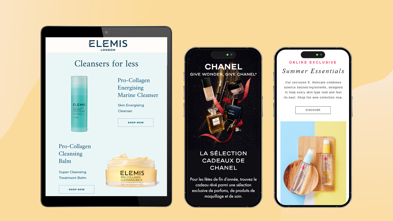 An Elemis email on a tablet beside Chanel and skincare emails on two phones, on yellow