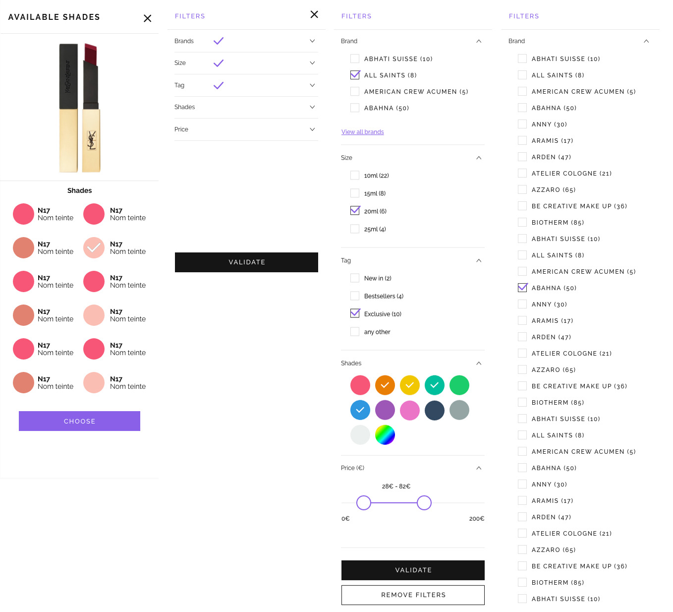 Four mobile filter variants: a shade picker, a pop up filter panel, and two dropdown filter navigations