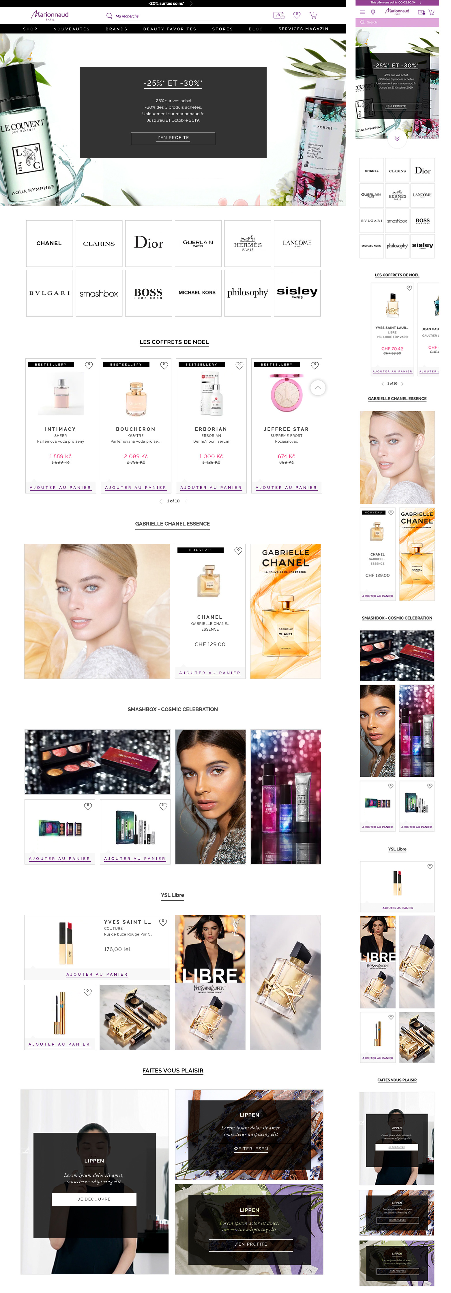 Marionnaud homepage redesign, full desktop layout with the mobile version alongside