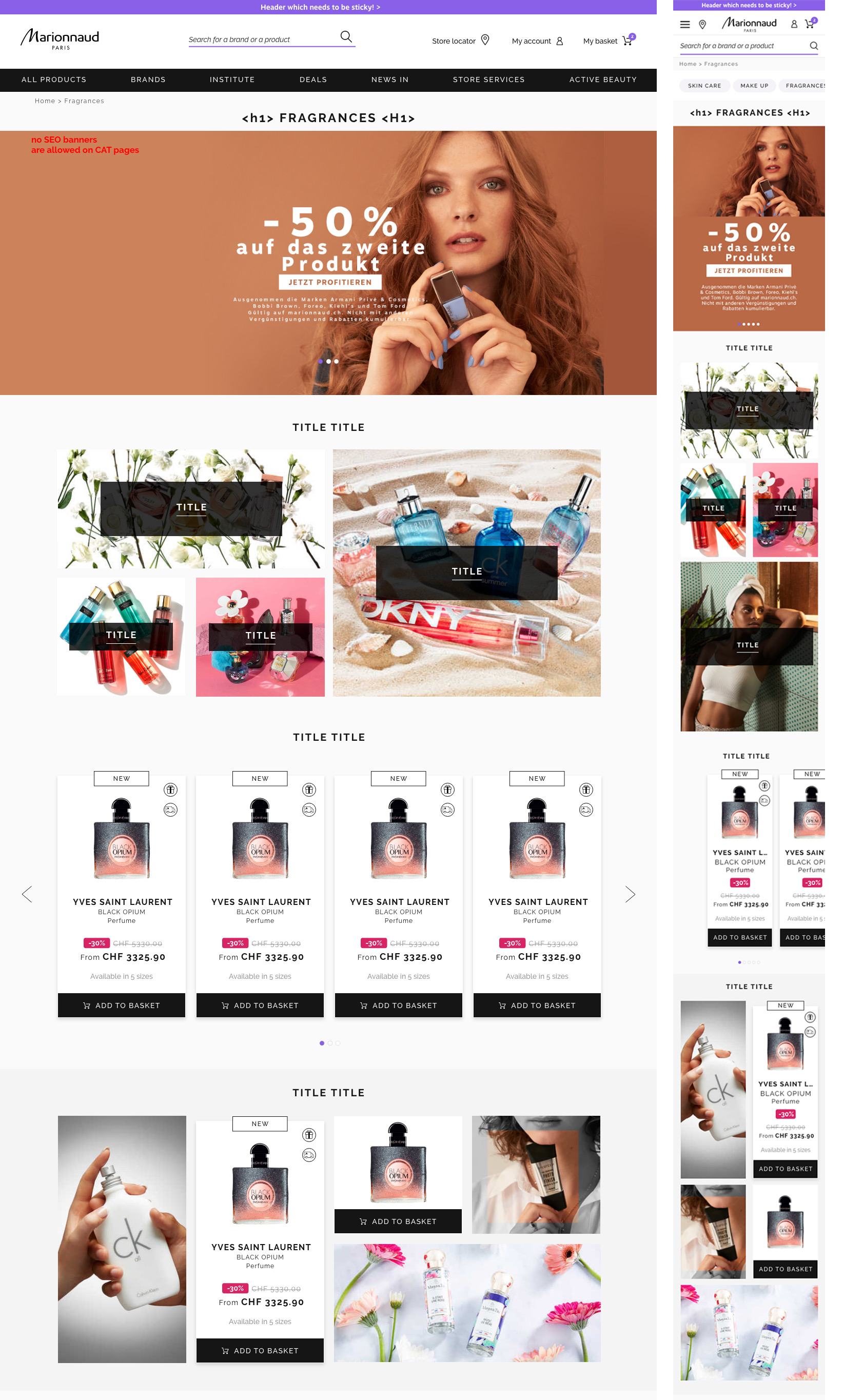 Marionnaud product listing page redesign, full desktop layout with the mobile version alongside