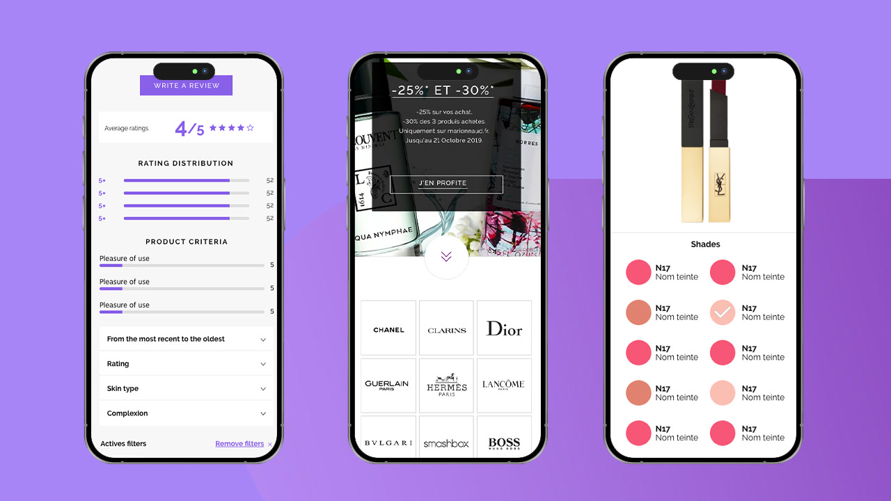 Three phone screens on purple showing product reviews and ratings, a brand directory and a lipstick shade picker