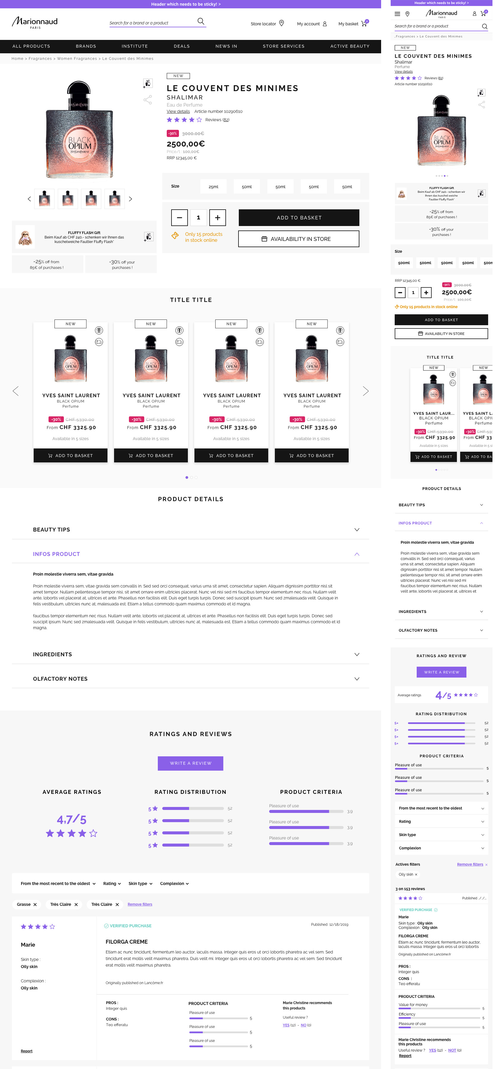 Marionnaud product page redesign, full desktop layout with the mobile version alongside
