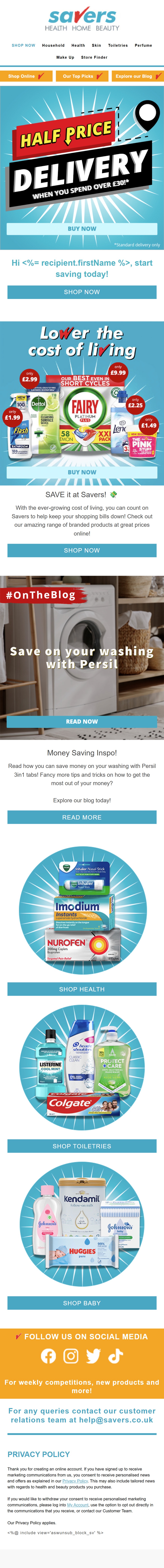 Savers money saving email featuring Persil, mobile design