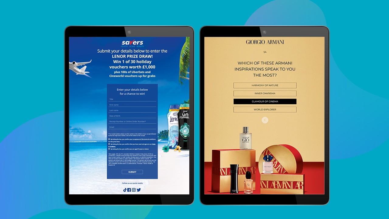 Two tablets on teal showing a Savers prize-draw entry form and an Armani gift finder quiz