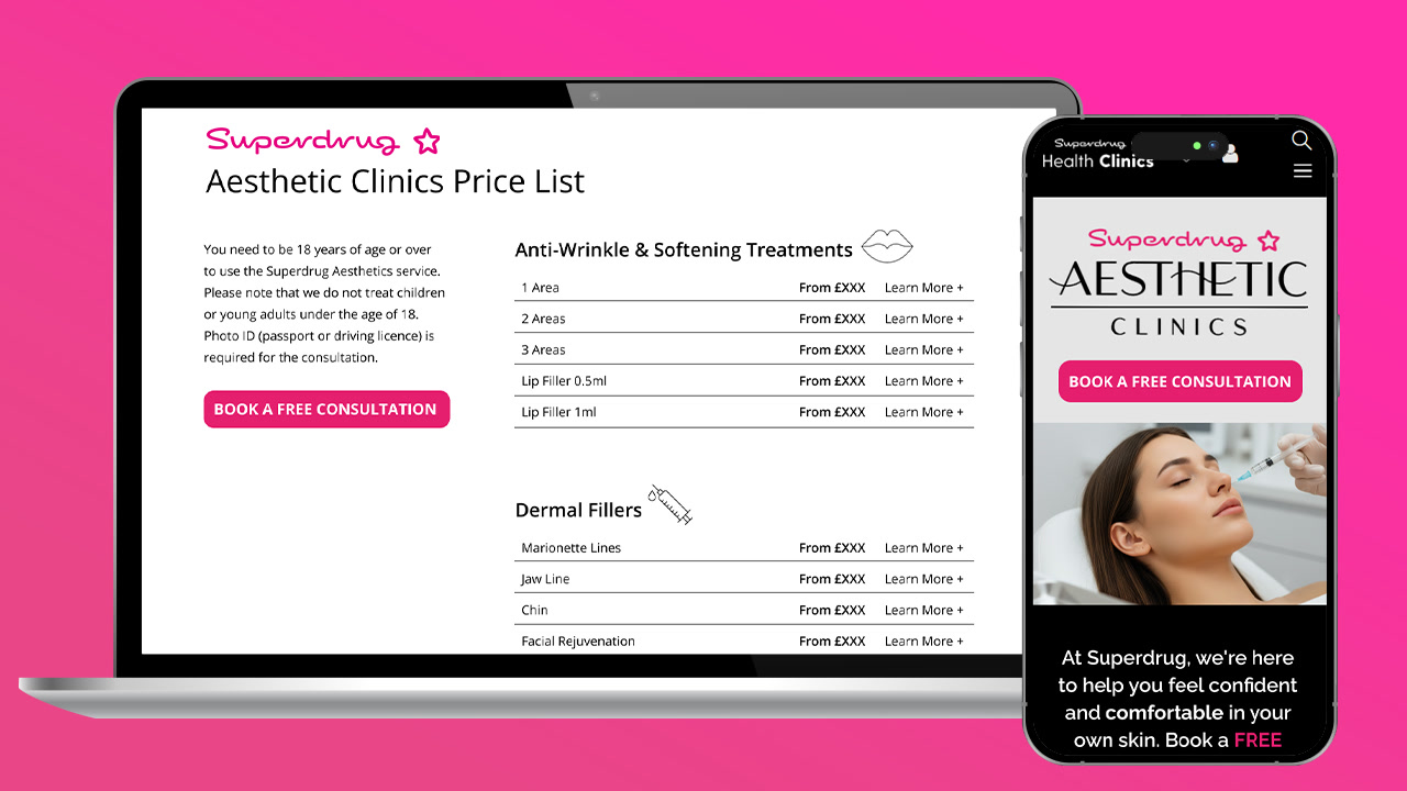 Superdrug Aesthetics Clinic price list on a laptop beside the mobile booking screen