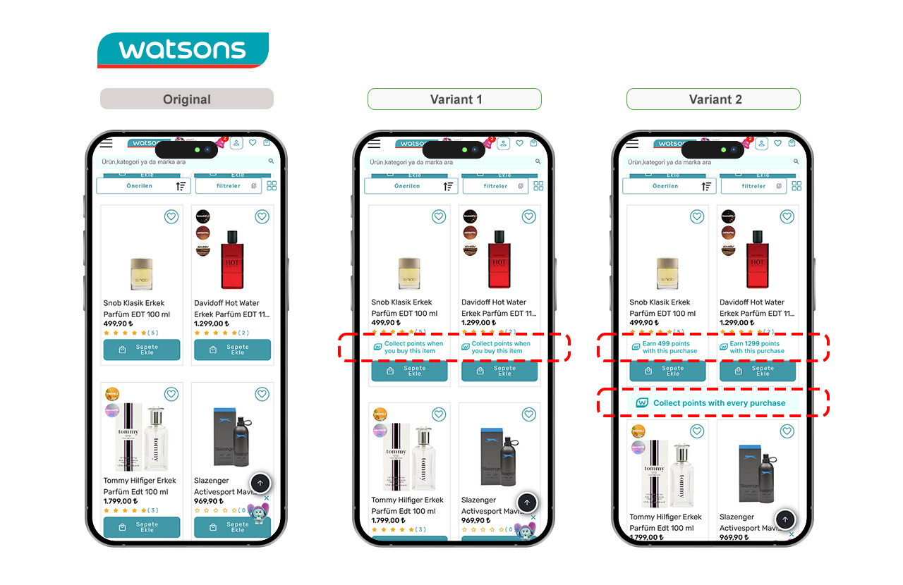 Watsons product listing page, original beside variants one and two, with points messaging added